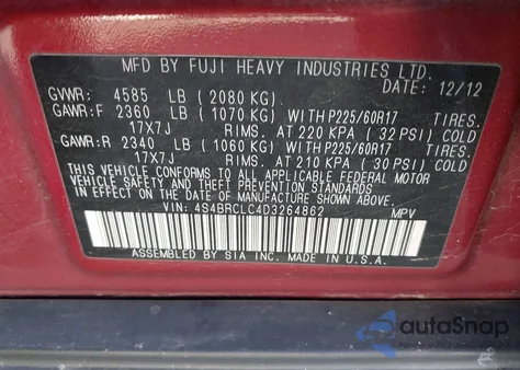 2013 Subaru Outback 2.5I Limited z USA, uszkodzony, nr VIN 4S4BRCLC4D3264862